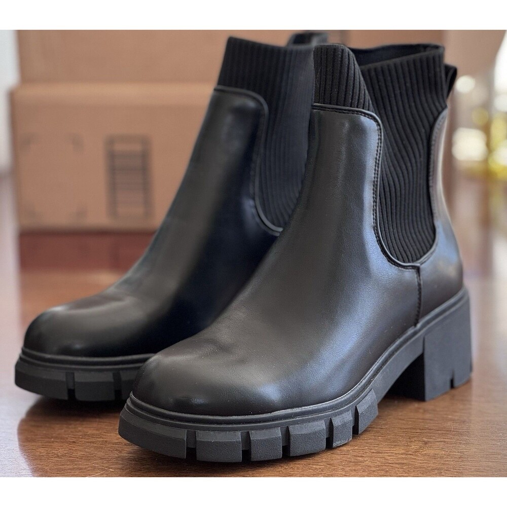 Women’s 7.5 Rihero Black Chelsea Boots Lug Sole Platform Chunky Heel New
